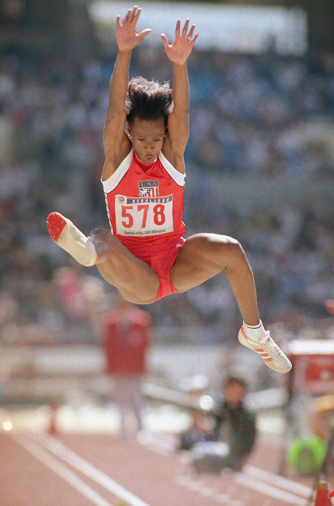 1987: Jackie Joyner-Kersee equals the world record in the women’s long jump